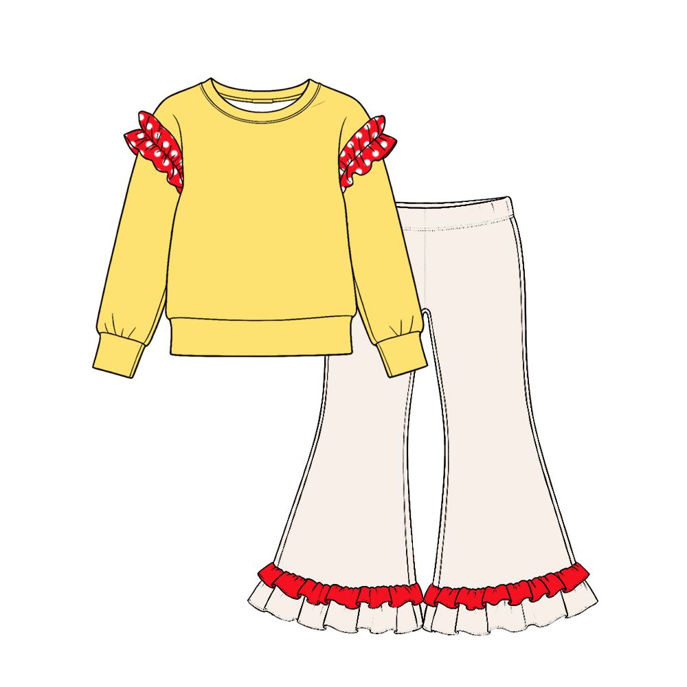 ( Moq 5 ) Preorder Baby Girls Kids Yellow Long Sleeves Pullover Ruffle Pants Set Cotton Clothes