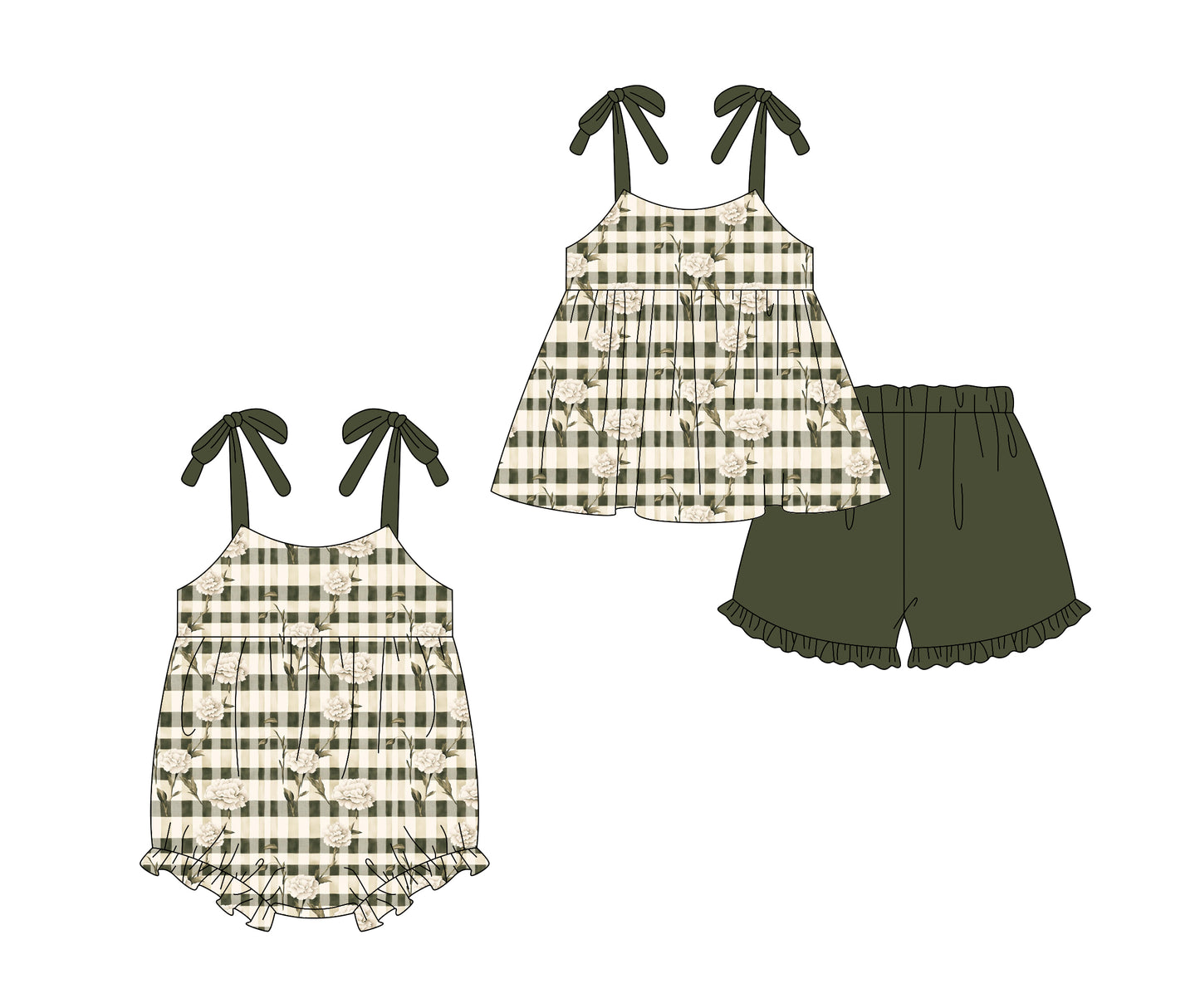( Moq 5 Each Style ) Sibling Baby Girls Kids Straps Flower Plaid Tops Shorts Set Romper
