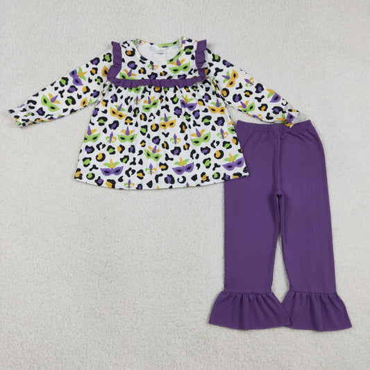 Baby Girls Kids Masks Leopard Ruffle Tunic Purple Pants Mardi Gras Clothes Set RTS