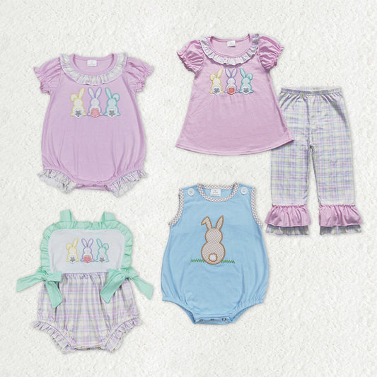 Sibling Baby Boys Girls Kids Embroidery Rabbits Easter Rompers Set Clothes RTS