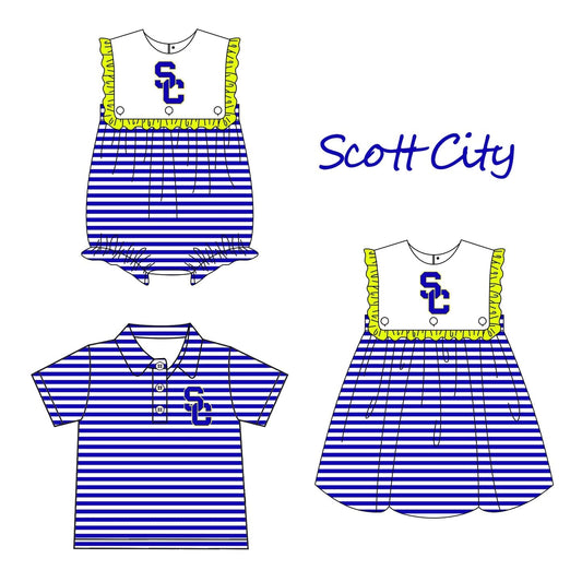 Baby Boy Girl SC Team Football Blue Stripes Sibling Romper Dress Clothes ( Moq 5 )