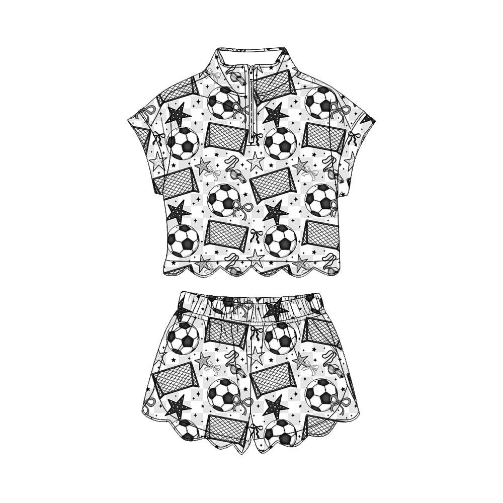( Moq 5 ) Preorder Baby Girls Kids Short Sleeves Soccer Bows Zipper Shirt Scallop Shorts Set Clothes