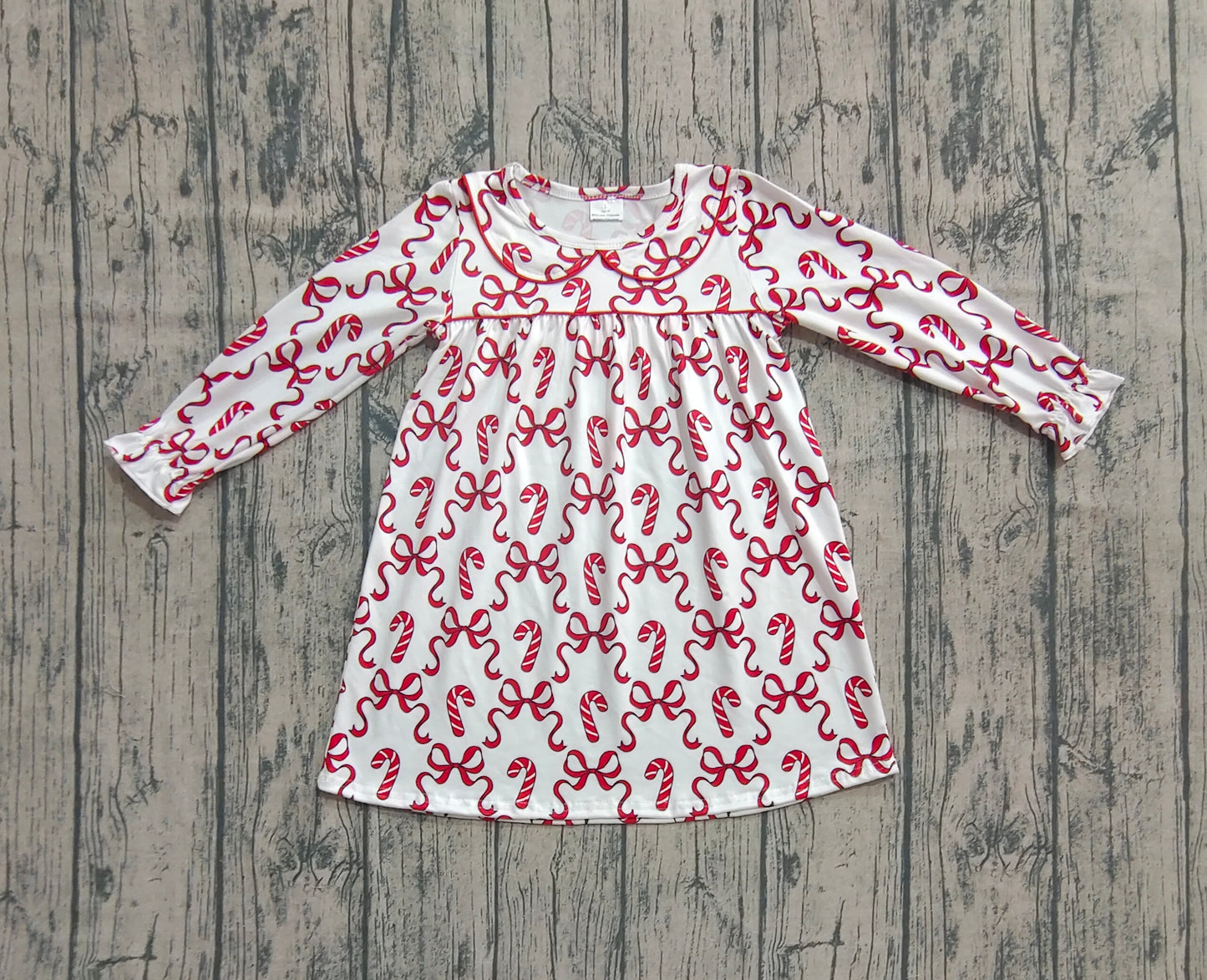 Baby Girl Long Ruffle Sleeves Red Bows Candy Cane Christmas Dress RTS