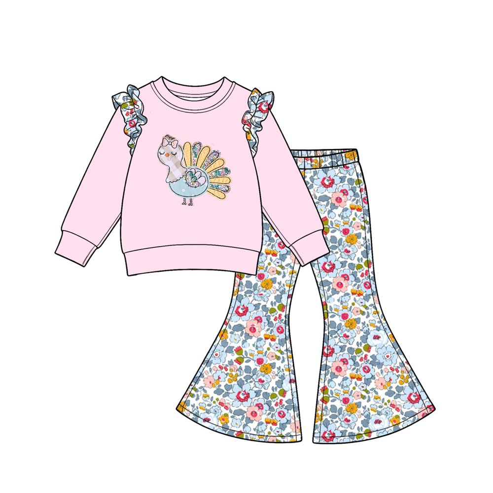 ( Moq 5 ) Preorder Baby Girls Kids turkey Thanksgiving Tops Flower Bell Pants Set Clothes