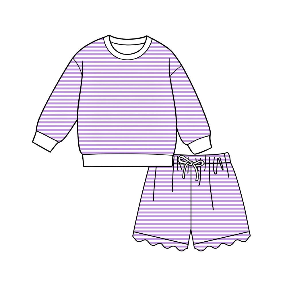 ( Moq 5 ) Preorder Adult Women Long Sleeves Shirt Purple Stripes Scallop Shorts Yoga Active Set