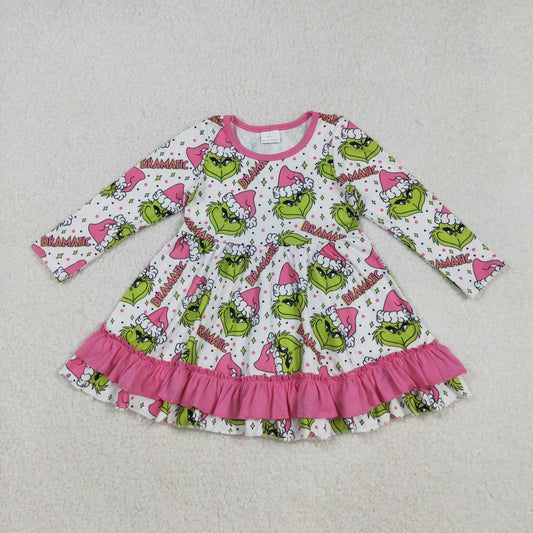 Baby Girl Long Sleeves Green Face Pink Ruffle Christmas Knee Length Dress RTS