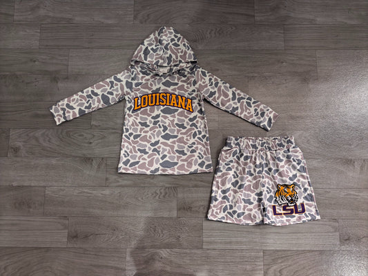 ( No moq ) Preorder Baby Boy Kids Long Sleeves Grey Camo Hoodie Shirt Tiger Shorts Team Set