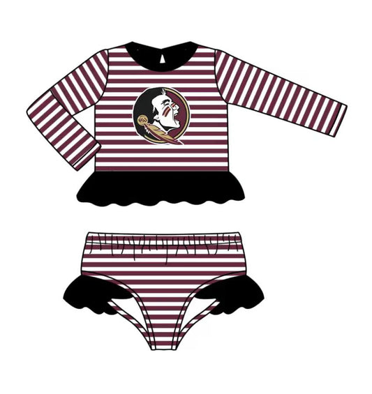 ( Moq 5 ) Baby Girls Long Sleeves Ruffle Tops Dark Red Stripes Shorts Team Set Swimsuit