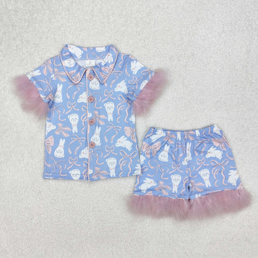 Baby Girl Fur Short Sleeves Easter Rabbits Bows Shirt Shorts Pajamas Set RTS