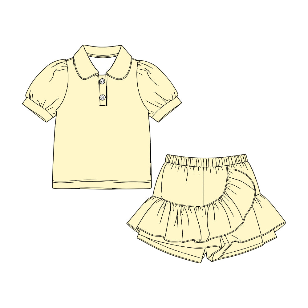 ( Moq 5 ) Preorder Baby Girls Kids Short Sleeves Shirt Ruffle Skirt Shorts Yellow Set Clothes