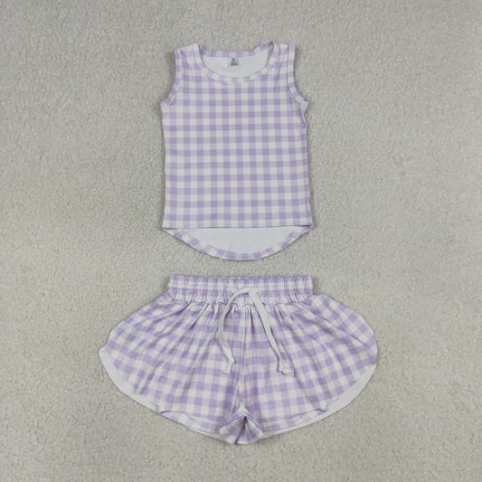Baby Girls Kids Sleeveless Lavender Plaid Tops Shorts Set Yoga Clothes RTS