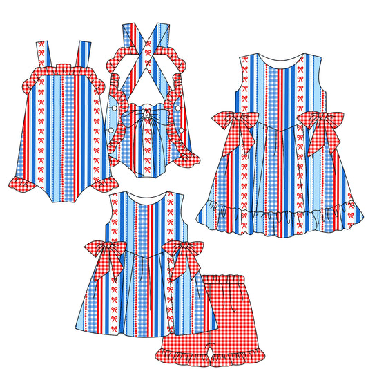 ( Moq 5 Each Style ) Sibling Baby Girls Kids Stripes Bows Romper Dress Set 4th of July Clothes