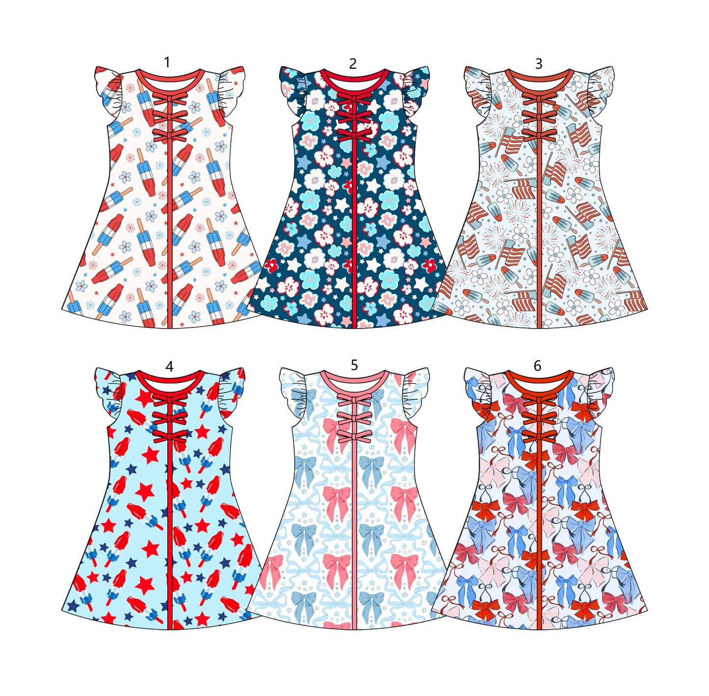 ( Moq 5 Each Style ) Sibling Baby Girls Kids Short Sleeves Bows 4th of July Knee Length Dresses