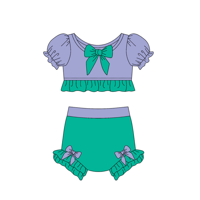 Baby Girl Short Sleeves Princess Bows Purple Green Tops Shorts Swimsuit Bathing Suit ( Moq 5 )