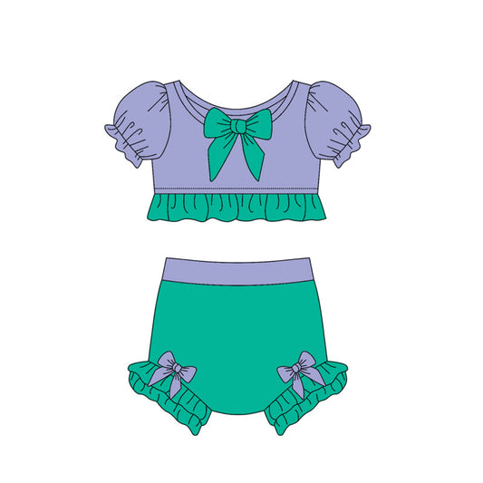 Baby Girl Short Sleeves Princess Bows Purple Green Tops Shorts Swimsuit Bathing Suit ( Moq 5 )