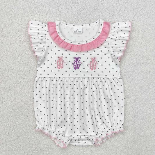 Baby Girl Infant Dots Ballet Shoes Flutter Sleeves Bubble Embroidery Romper