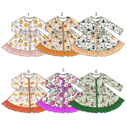 ( Moq 5 Each Style ) Sibling Baby Girls Kids Long Sleeves Pumpkins Bows Ducks Dresses Fall Clothes
