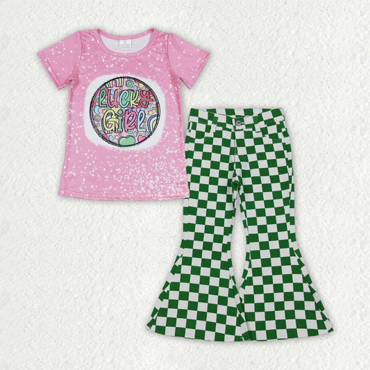 Baby Girls Kids Pink Short Sleeves Shirt Green Checked Denim Jeans Pants St. Patrick's Day Set RTS