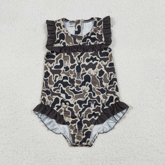 Baby Girls Kids Short Sleeves Deer Camo Ruffle One-piece Swimsuit RTS