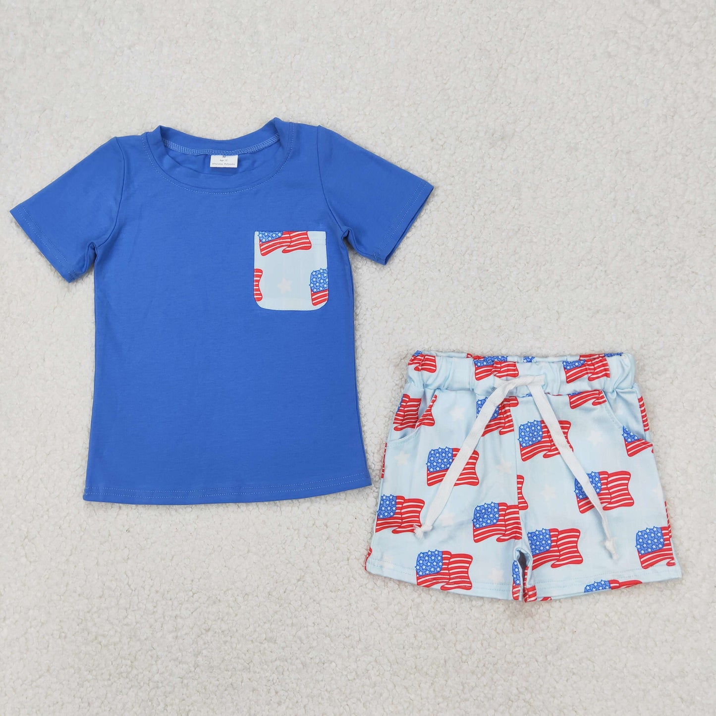 Baby Boy Short Sleeves Blue Shirt Flags Pocket Shorts Clothes July 4th Set RTS