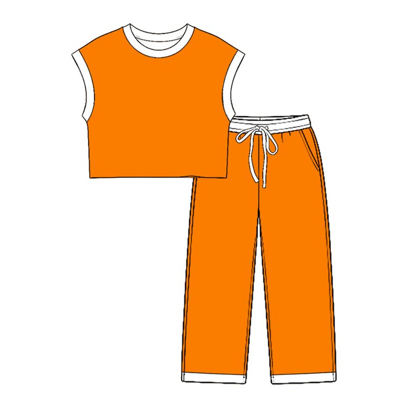 ( Moq 5 ) Preorder Baby Girls Kids Sleeveless Orange Shirt Tops Pockets Pants Cotton Set Clothes