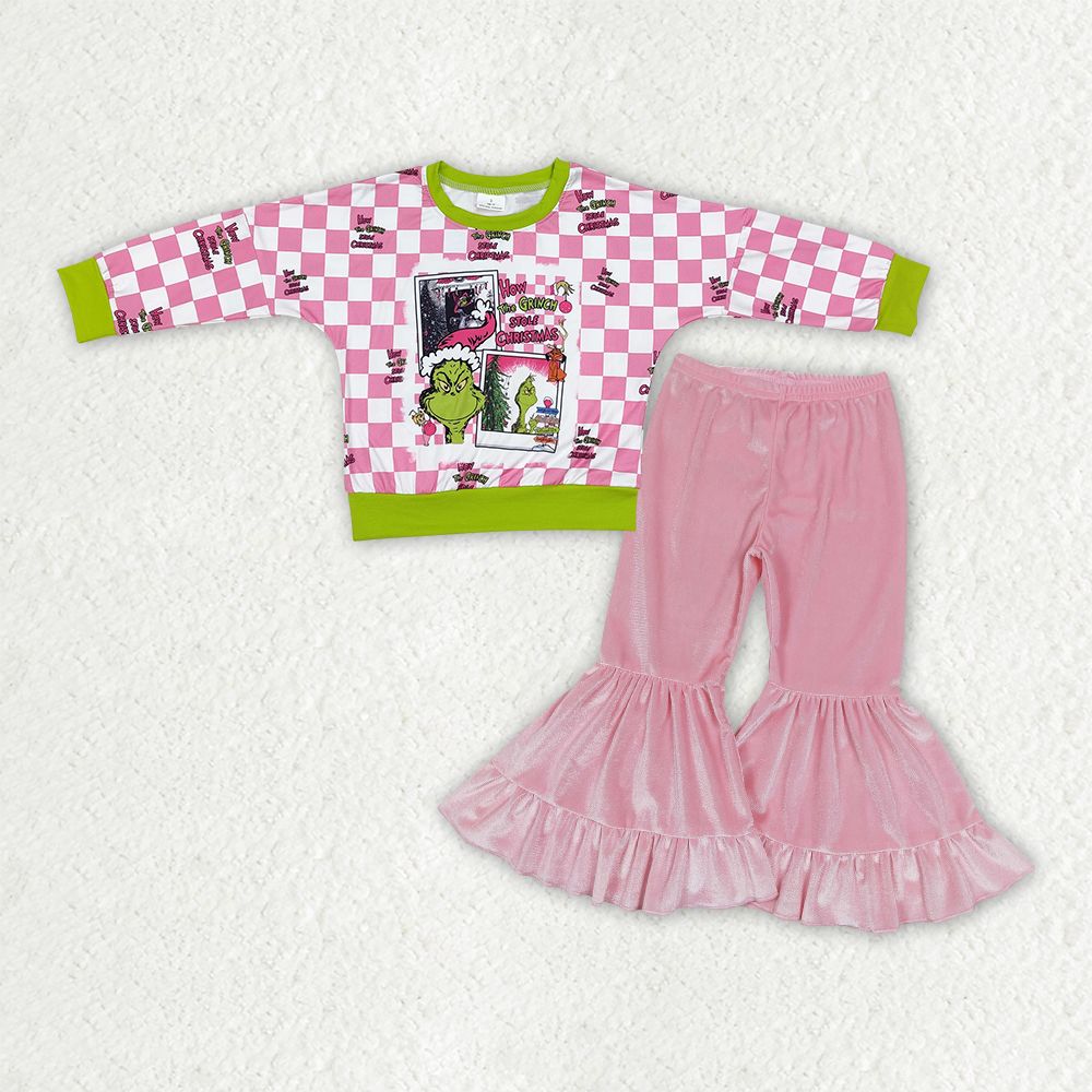 Baby Girls Checked Long Sleeves Green Face Shirt Pink Velvet Pants Christmas Clothes Set RTS