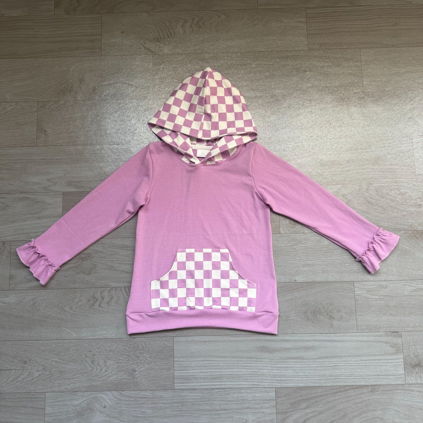 ( No moq ) Preorder Baby Girls Kids Purple Hoodie Checked Pocket Pullover Tops Clothes