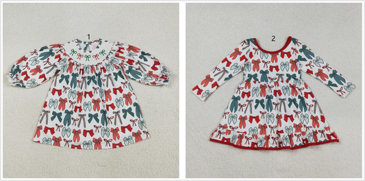 Girls Kids Long Sleeves Red Green Bows Sibling Christmas Knee Length Dress RTS