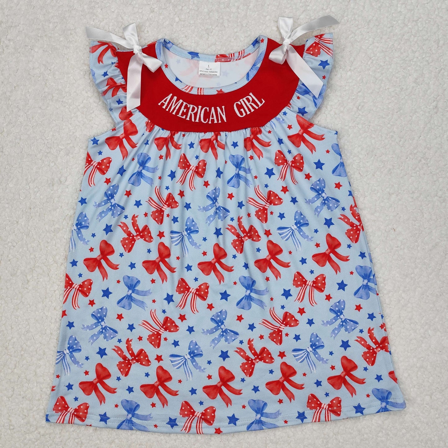 Baby Girl Short Sleeves Embroidery Bows Knee Length July 4th Dress RTS