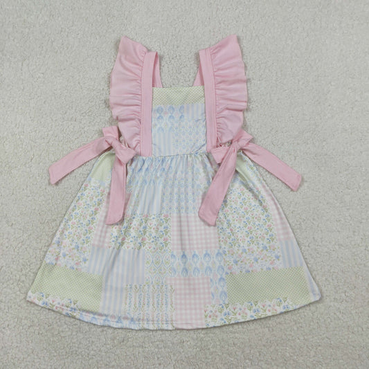 Baby Girls Short Sleeves Floral Pink Bows Knee Length Dress RTS