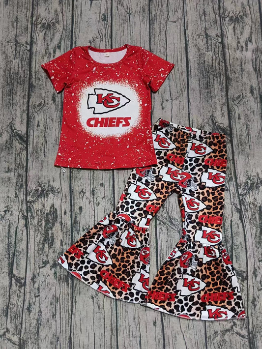 ( Moq 5 ) Baby Girl Red Short Sleeves KC Shirt Team Leopard Bell Pants Set