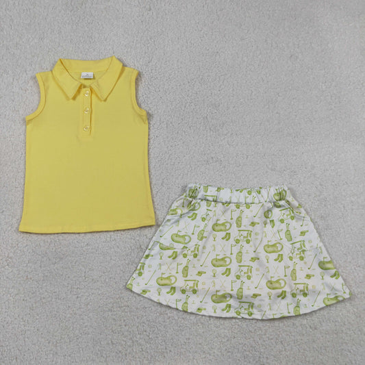 Baby Girls Kids Sleeveless Yellow Buttons Shirt Golf Skirt Summer Clothes Set RTS