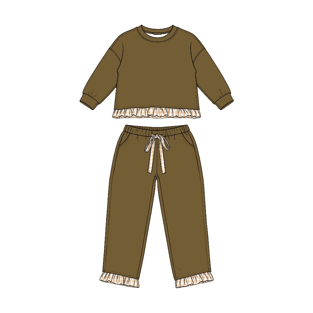 ( Moq 5 ) Preorder Baby Girls Kids Long Sleeves Olive Shirt Pockets Pants Set Sweatsuit Clothes