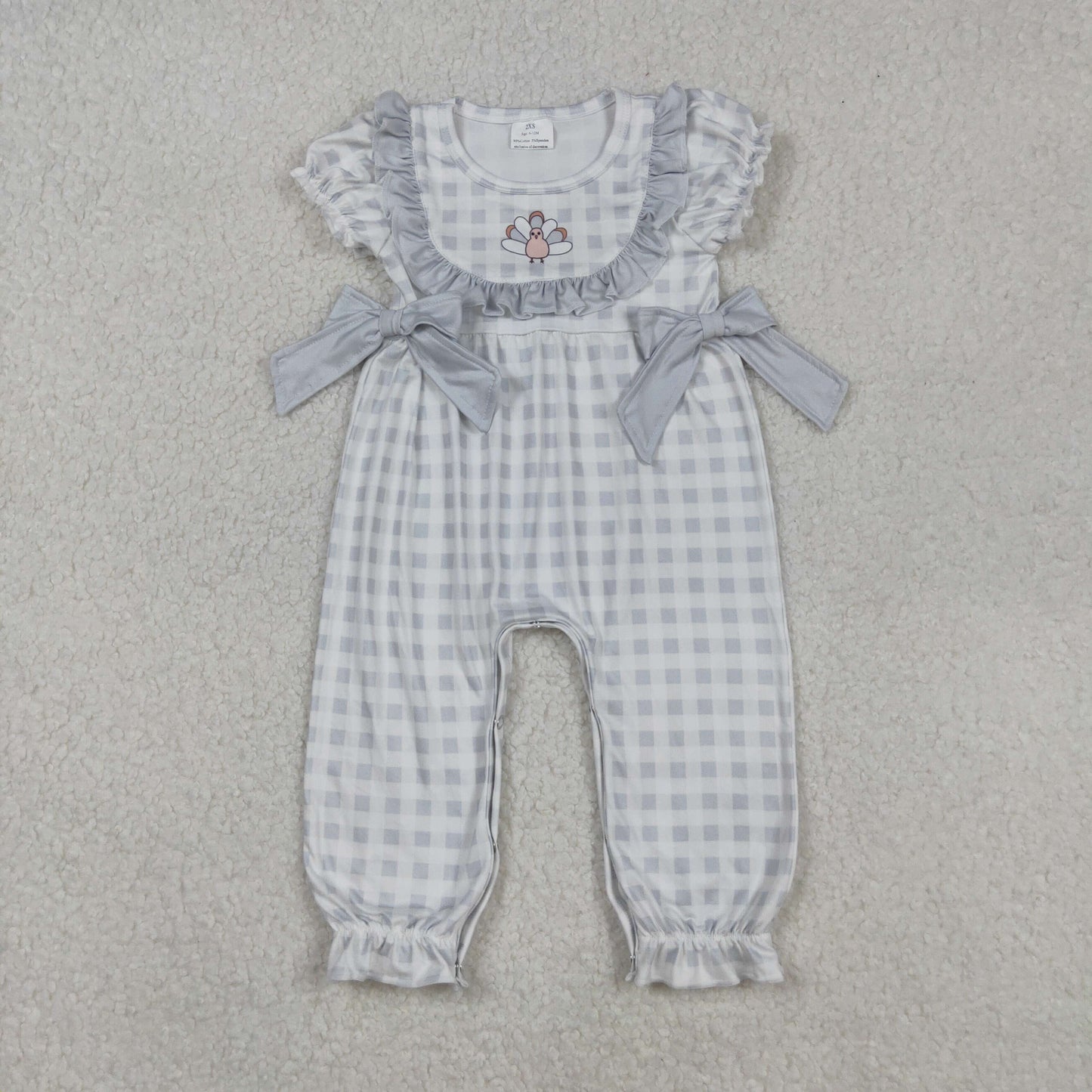 Baby Girl Short Sleeves Thanksgiving turkey Bows Plaid Fall Romper RTS