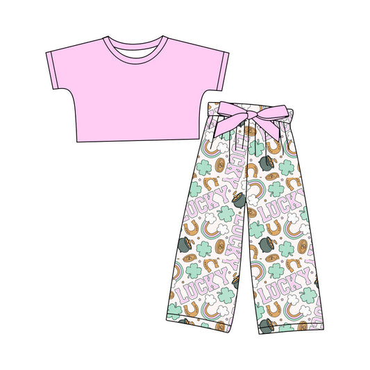 Baby Girl Short Sleeveless Pink Cotton Tops St Patrick Pants Set ( Moq 5 ) 12.10