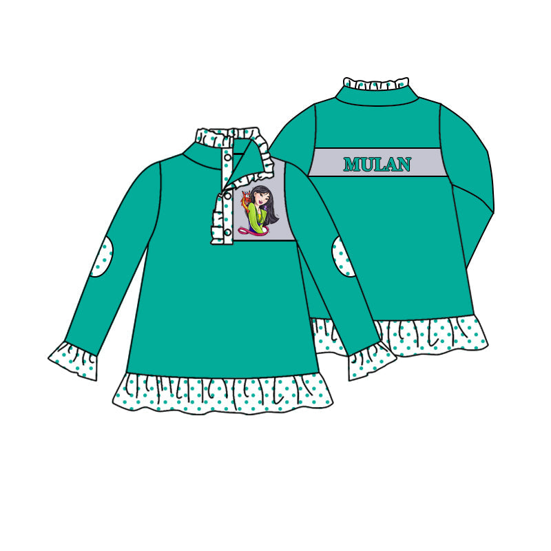 Baby Girl Long Sleeves Cartoon Princess Green Pullover Shirt Moq 5