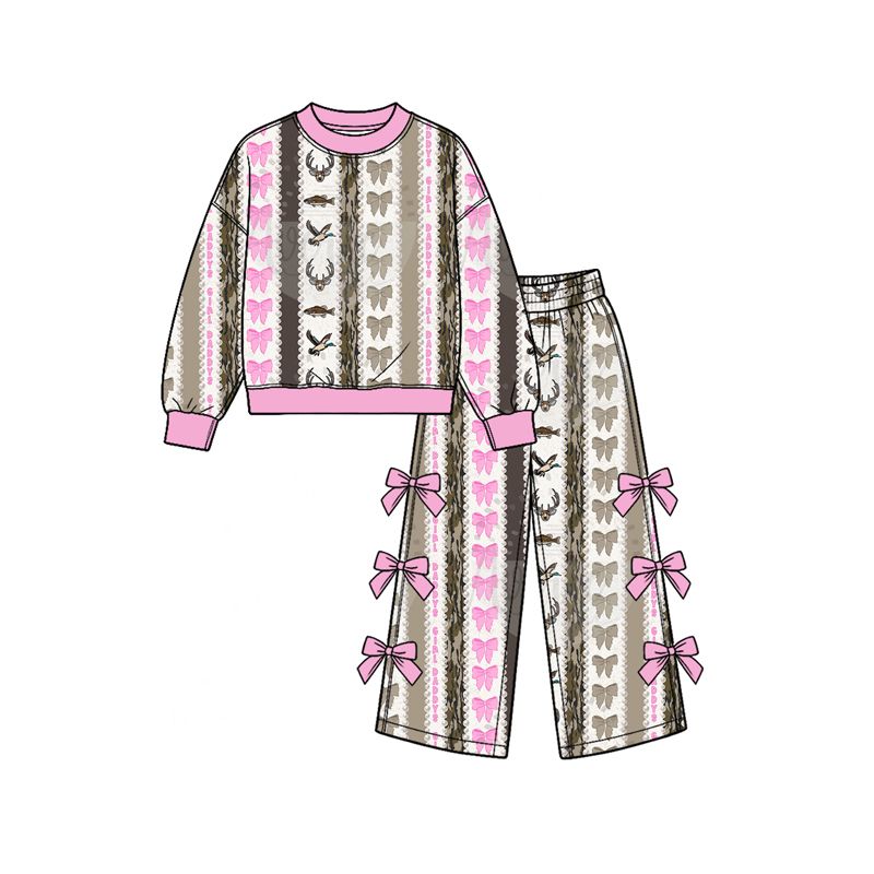 ( Moq 5 ) Preorder Baby Girls Kids Long Sleeves Bows Shirt Pants Hunting Set Clothes