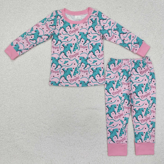 Baby Girl Long Sleeves Western Cowgirl Horse Shirt Pants Pajamas Clothes Set