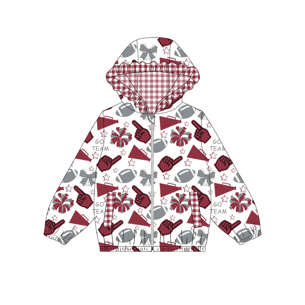 ( Moq 5 ) Baby Girls Kids Bows Cheer Pockets Plaid Hoodie Zipper Football Jacket Tops