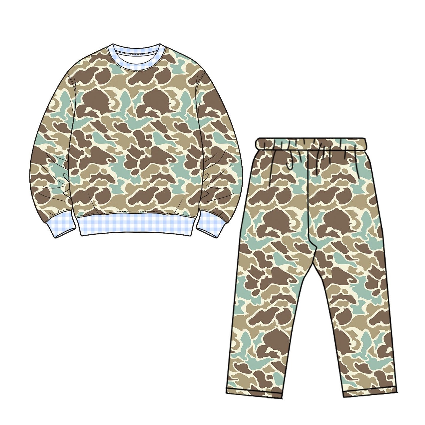 ( Moq 5 ) Preorder Baby Boys Kids Long Sleeves Plaid Pullover Camo Pants Set Clothes