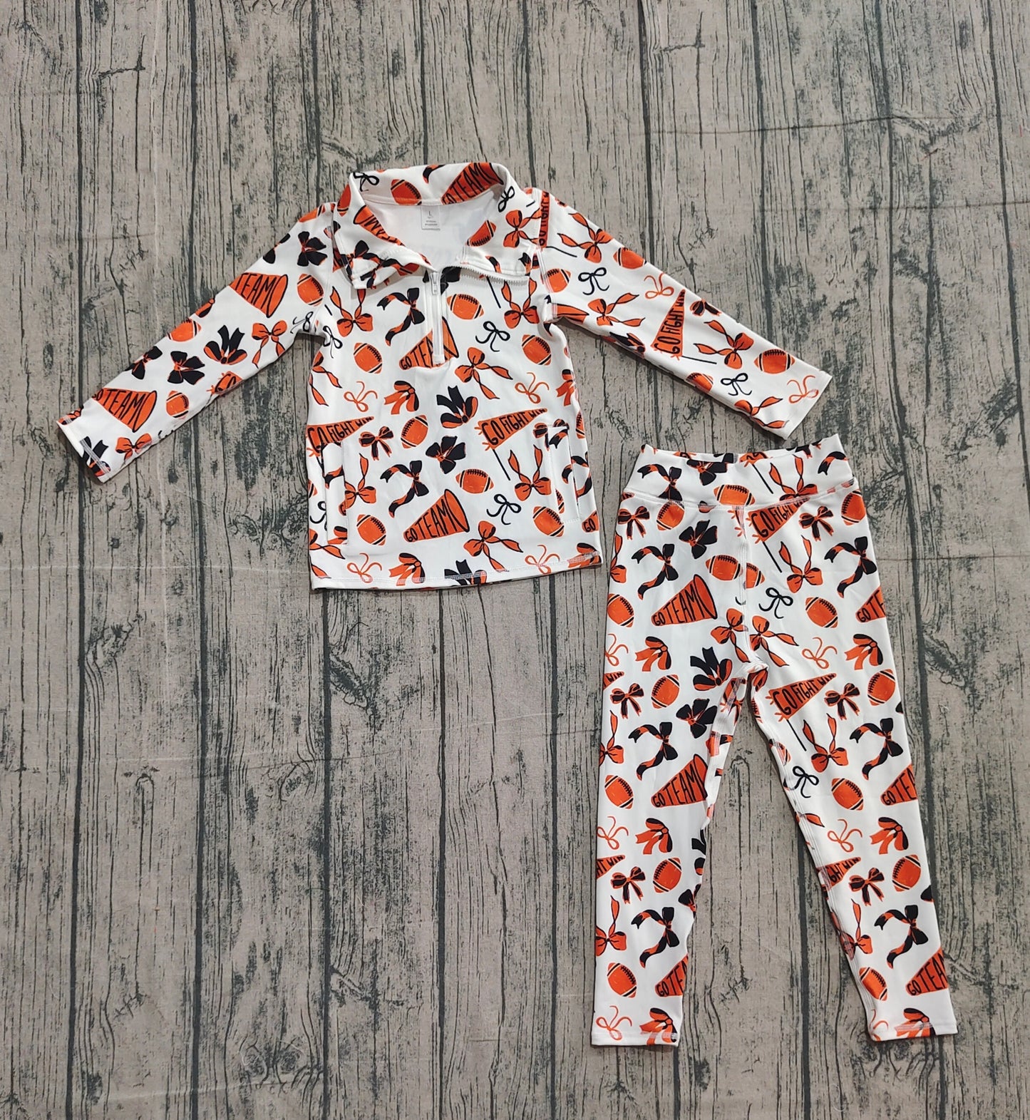Kids Girls Orange Bows Pockets Zipper Shirt Pants Yoga Football Cheer Set RTS