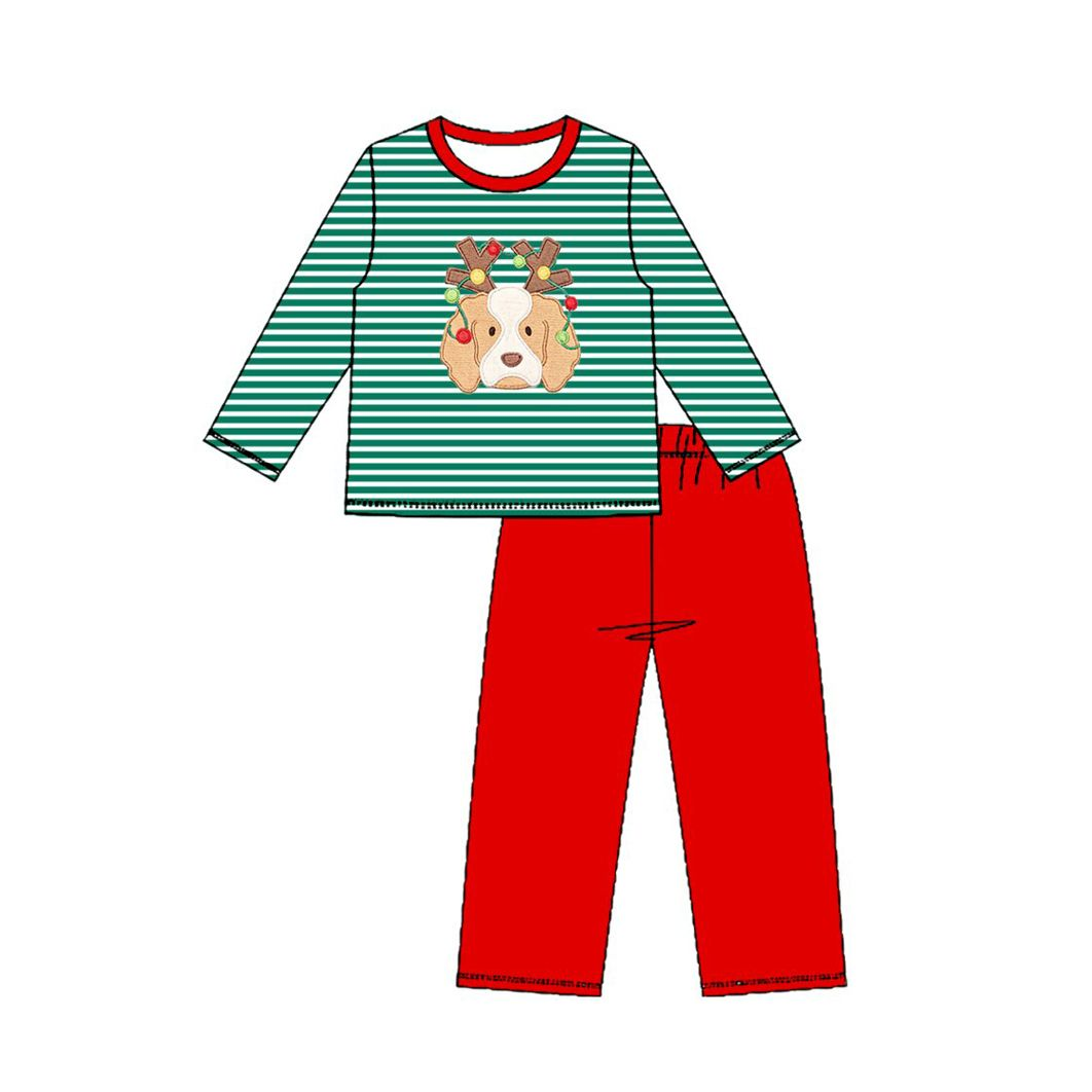 ( Moq 5 ) Preorder Baby Boys Kids Long Sleeves Dog Stripes Shirt Red Pants Set Christmas Clothes