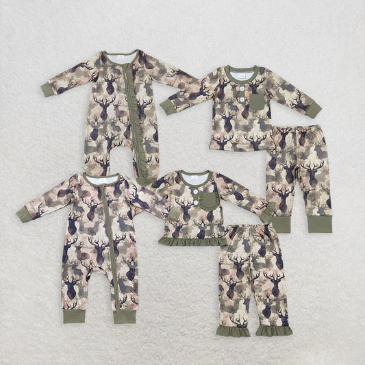 Baby Boy Girl Kids Long Sleeves Deer Green Sibling Romper Set RTS
