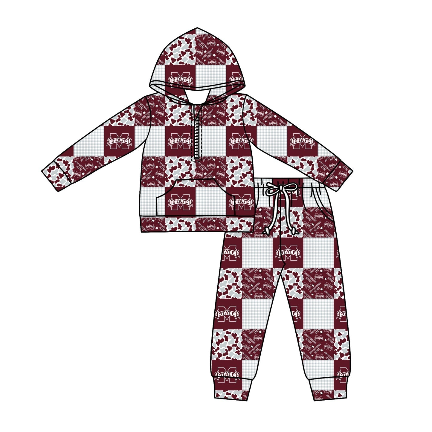 ( Moq 5 ) Baby Kids Long Sleeves Zipper M Pullover Pockets Camo Plaid Pants Team Clothes Set