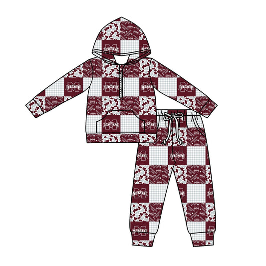 ( Moq 5 ) Baby Kids Long Sleeves Zipper M Pullover Pockets Camo Plaid Pants Team Clothes Set