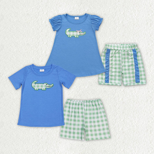 Baby Boy Girl Short Sleeves Embroidery Crocodile Shirt Green Checkered Sibling Shorts Clothes Sets