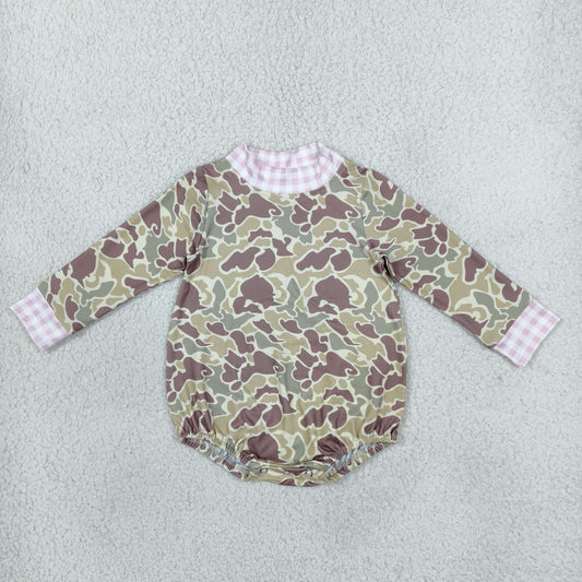 Baby Girls Infant Long Sleeves Pink Plaid Camo Bubble Romper Mock Neck Clothes RTS