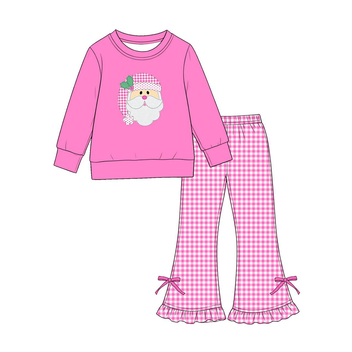 ( Moq 5 ) Preorder Baby Girls Kids Long Sleeves Christmas Santa Shirt Pink Plaid Bows Pants Set Clothes