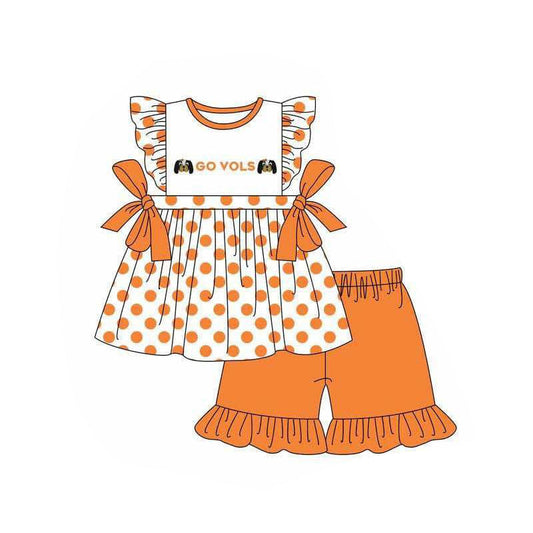 Baby Girl Short Sleeves Dogs Dots Bows Tunic Orange Ruffle Short Team Set ( Moq 5 )