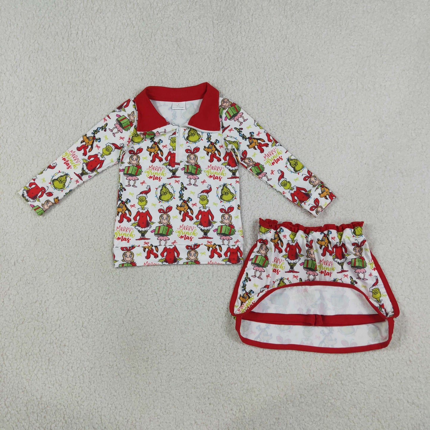 Baby Girls Kids Long Sleeves Green Face Zipper Shirt Skirt Shorts Christmas Set Clothes RTS